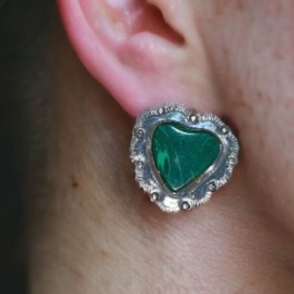 Vtg Sterling Silver 925 Signed Malachite Chunky Concho Heart Clip-on Earrings - Picture 1 of 7
